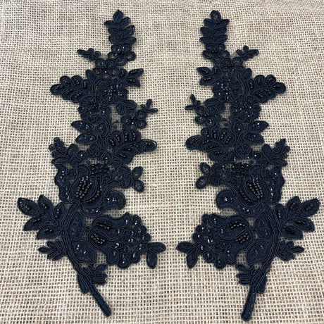 1 Pair 12" x 3.5" Beaded & Corded Floral Lace Applique 100% Polyester Net Mesh