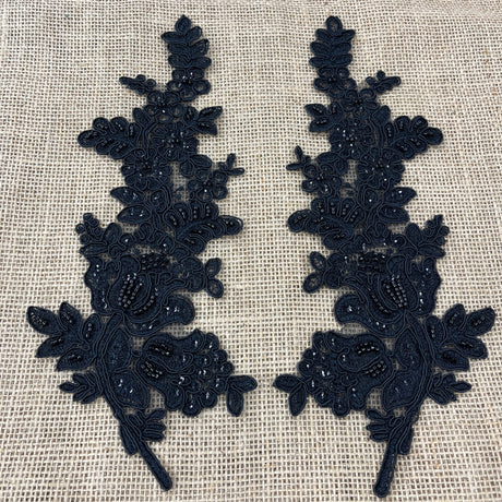 Beaded Corded Floral Lace Applique 100 Percent Polyester Fabric - Embroidered Net Mesh, 12" X 3.5" Each Side (1 Pair)