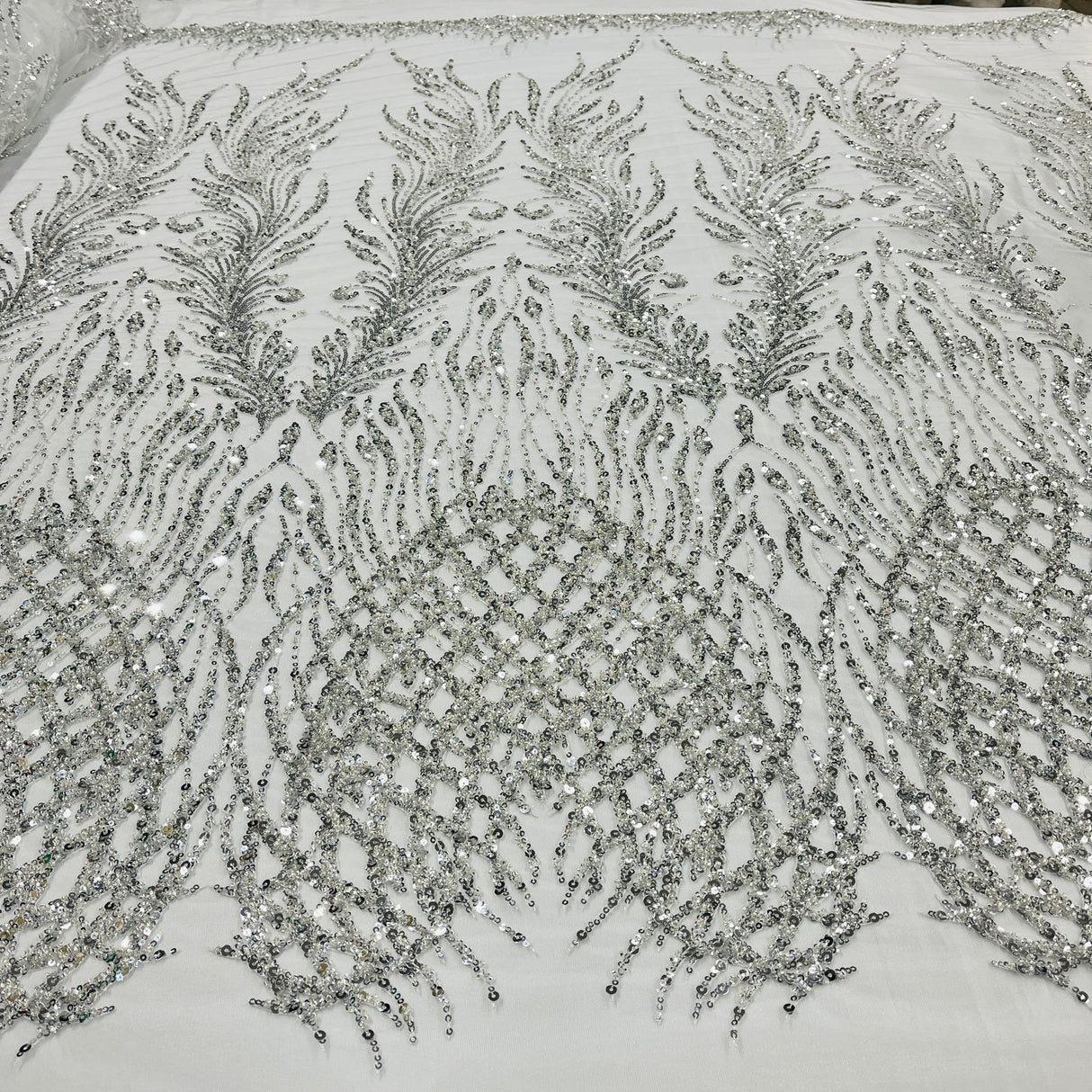 1 Yard Silver Beaded Lace Fabric Embroidered on 100% Polyester Net Mesh 52 Inch Width