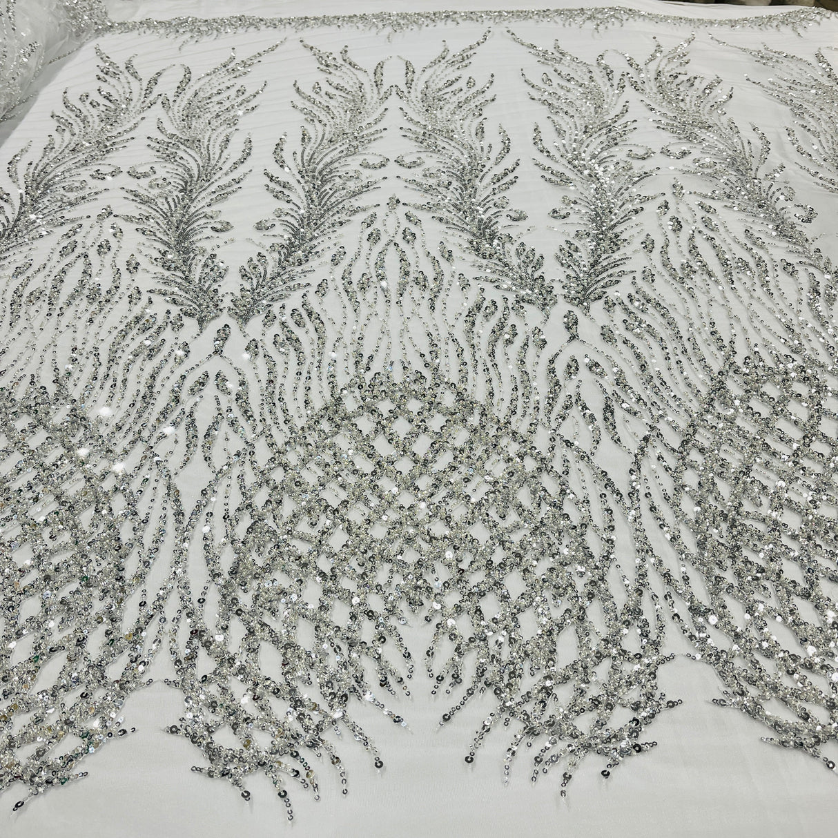 Beaded Lace Fabric on Polyester Net Mesh