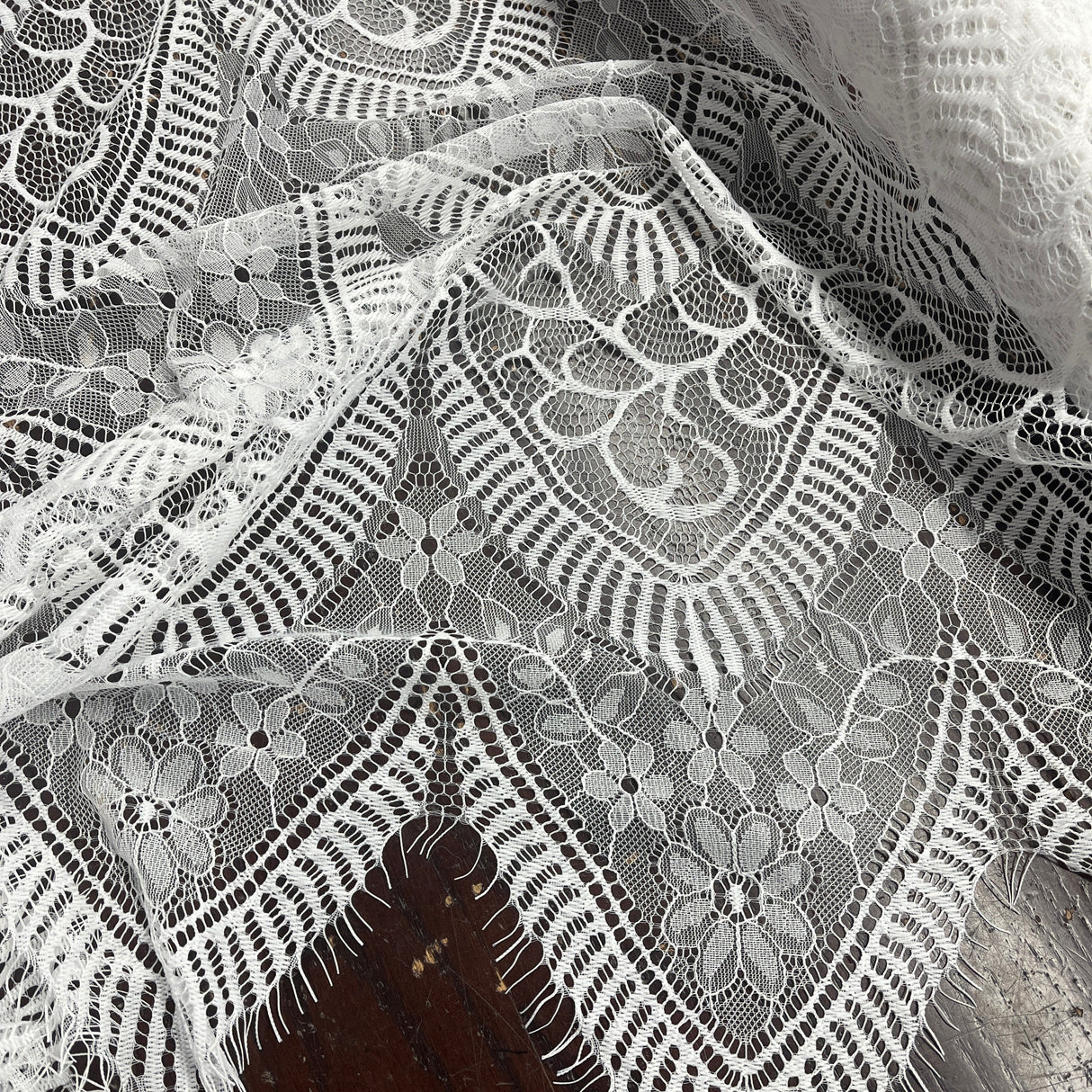 Embroidered Chantilly Lace Fabric with Eyelash Scallop