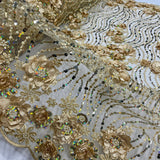 1 Yard Elegant 3D Floral Beaded Sequin Lace Fabric on Soft Mesh, GD-2212