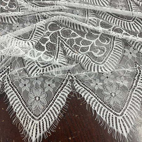 Embroidered Chantilly Lace Fabric with Eyelash Scallop