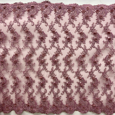 3D Beaded Floral Lace Fabric - Embroidered 100 Percent Polyester Net Mesh, 3D Floral, Beaded, Mirrored Symmetrical Scallops, 52" Wide (1 Yard)