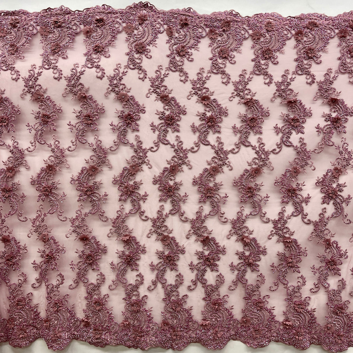 Beaded Floral Lace Fabric 3D Embroidered Net Mesh 52" Wide