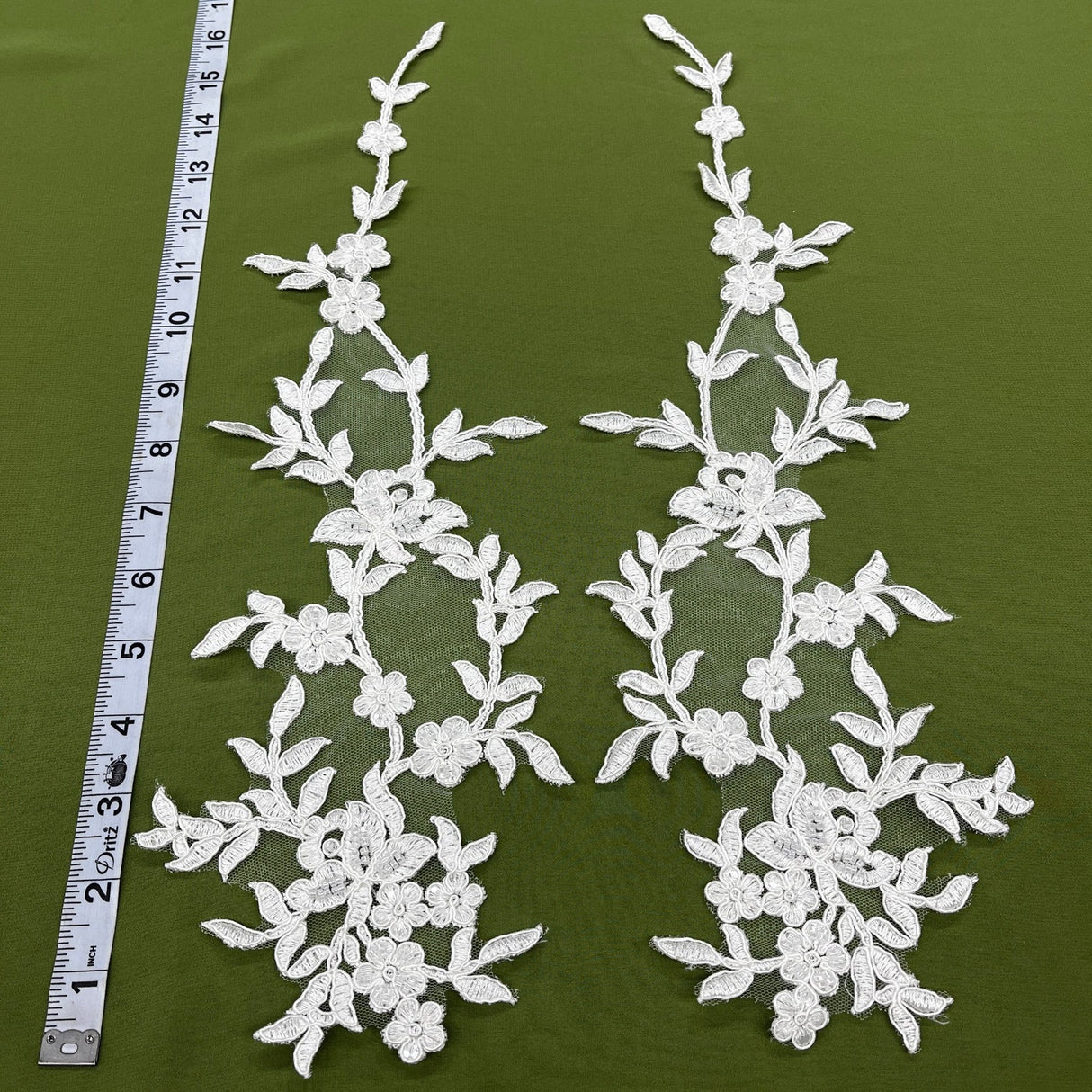 1 Pair 17" x 4.5" Beaded & Corded Floral Lace Applique 100% Polyester Net Mesh