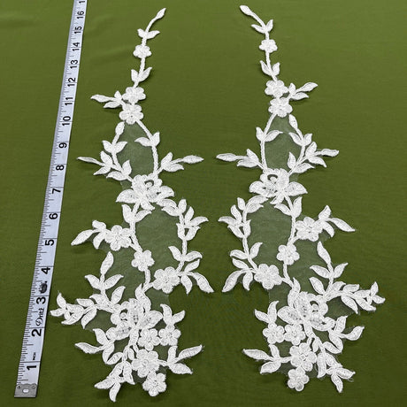 1 Pair 17" x 4.5" Beaded & Corded Floral Lace Applique 100% Polyester Net Mesh