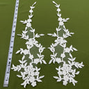 Beaded Corded Floral Lace Applique Embroidered Polyester Net Mesh Fabric - Ivory With Silver, 17" X 4.5" (1 Pair)