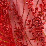 Beaded And Sequined Floral Sparkling Lace Fabric - Rust, Red, Purple Floral Embroidered, 53" Wide (1 Yard)