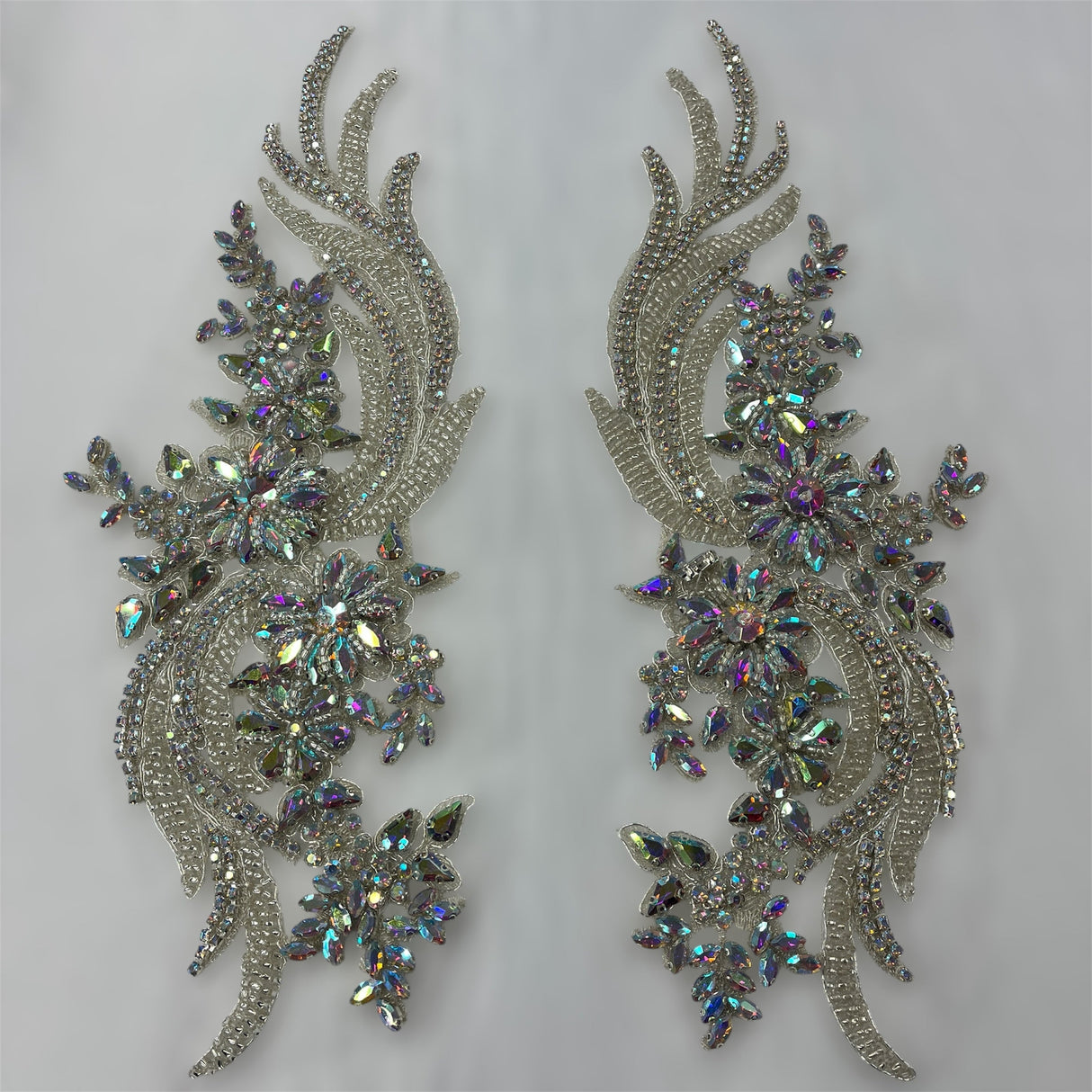 Rhinestone Applique Floral Lace Pair 14" x 4"