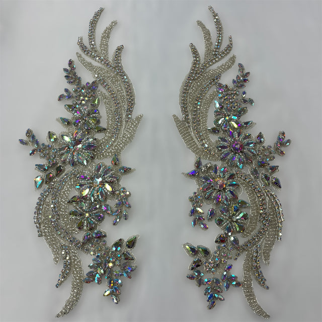 Rhinestone Applique Floral Lace Pair 14" x 4"