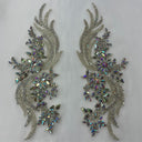 Crystal Rhinestone Applique 100 Percent Polyester Lace Fabric - Floral Beaded Embroidered, 14" X 4" Each Side (1 Pair)