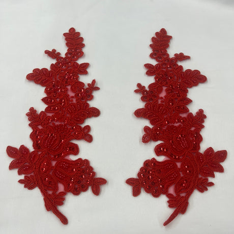 Beaded Corded Floral Lace Applique 100 Percent Polyester Fabric - Embroidered Net Mesh, 12" X 3.5" Each Side (1 Pair)