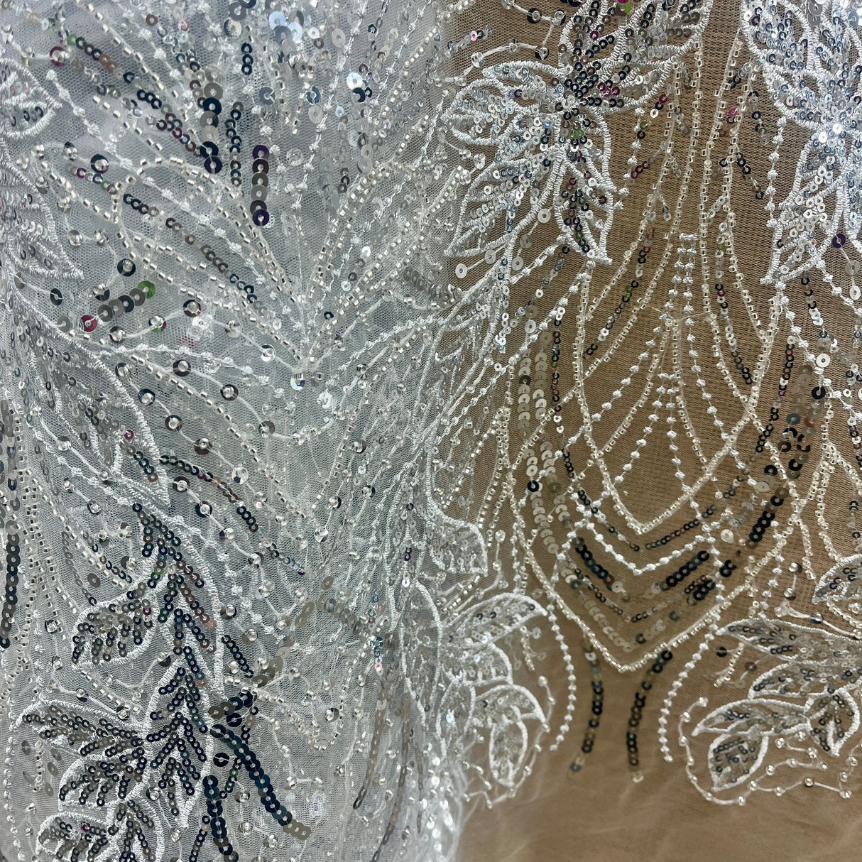 Beaded Sequined Lace Fabric Leaf Vine Design
