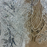 Beaded Sequined Lace Fabric Leaf Vine Design