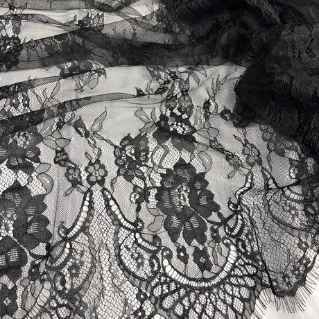 Embroidered Chantilly Lace Fabric with Eyelash Scallop