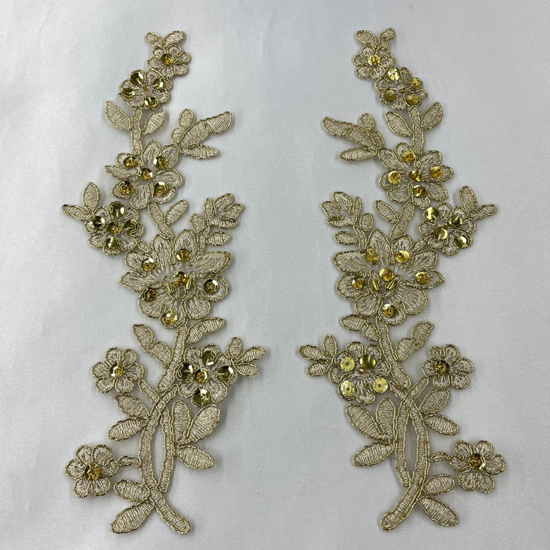 Beaded & Corded Floral Lace Applique Embroidered On 100 Percent Polyester Net Mesh Fabric - Floral Applique, 10" X 2" Each Side (1 Pair)
