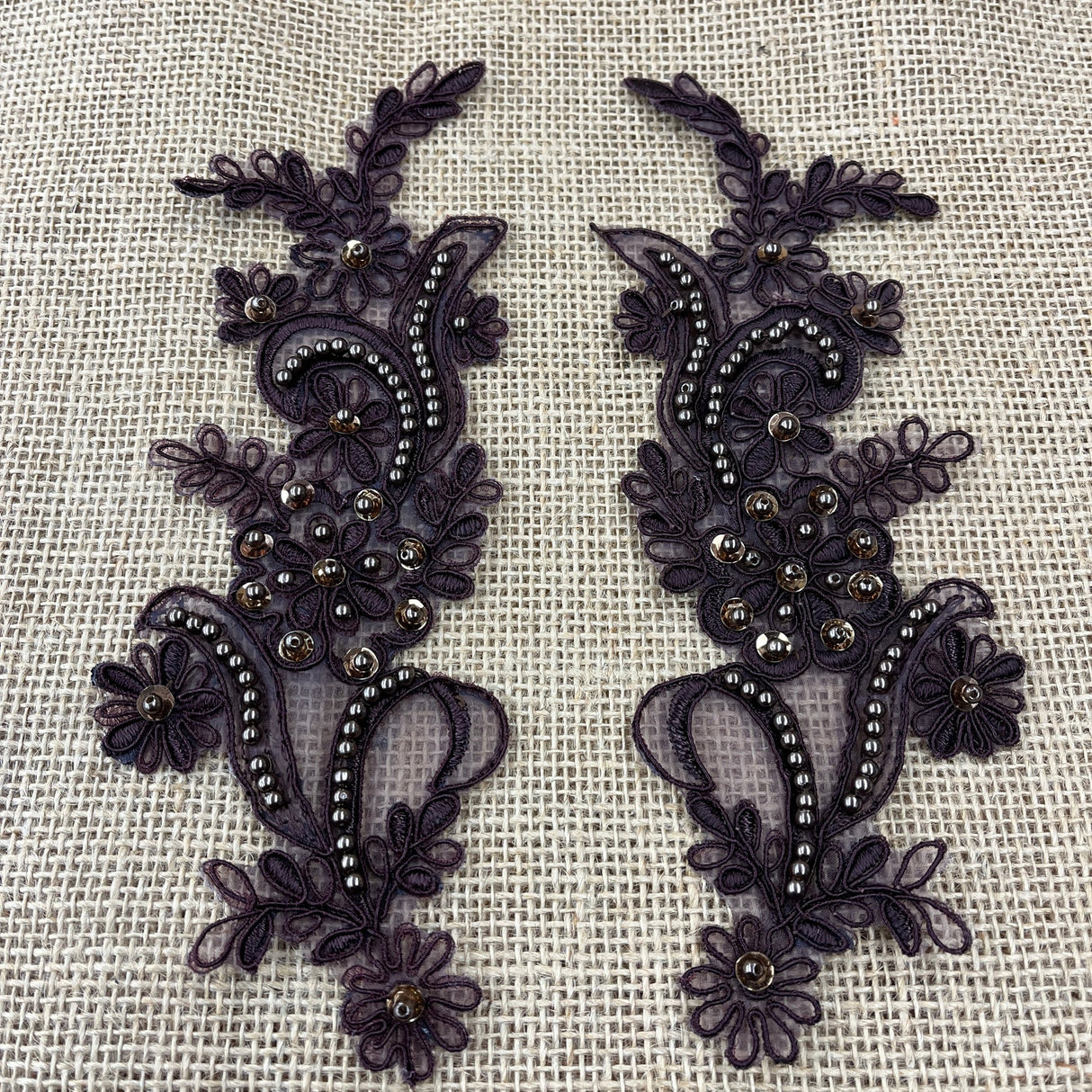 1 Pair Beaded & Corded Floral Lace Applique 9" x 2.5" Each Side