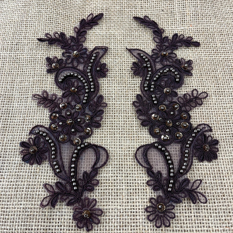 1 Pair Beaded & Corded Floral Lace Applique 9" x 2.5" Each Side
