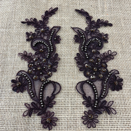 Beaded Corded Floral Lace Applique Polyester Fabric - Floral Embroidered, 9" X 2.5" Each Side (1 Pair)