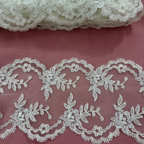 Embroidered Corded Lace Trim Ivory Silver