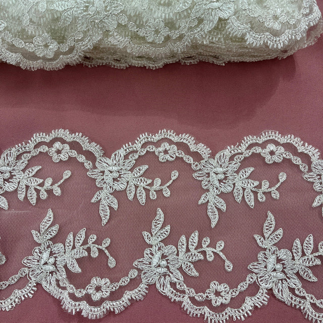 Embroidered Corded Lace Trim Ivory Silver