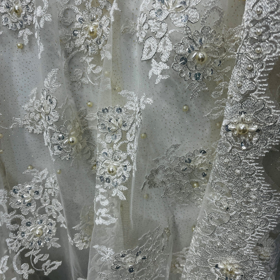 1 Yard Luxurious Beaded Lace Fabric Embroidered on Soft Polyester Net Mesh