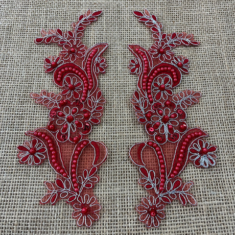 Beaded Corded Floral Lace Applique Polyester Fabric - Floral Embroidered, 9" X 2.5" Each Side (1 Pair)