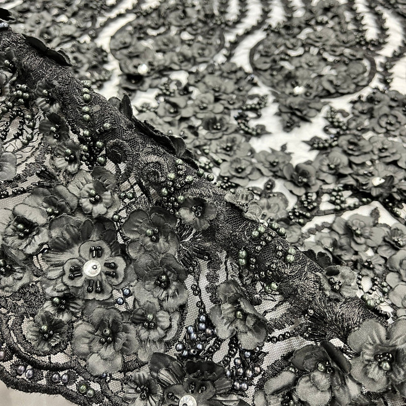 1 Yard Beaded 3D Floral Lace Fabric Embroidered 100 Percent Polyester Net Mesh 48 inch Width