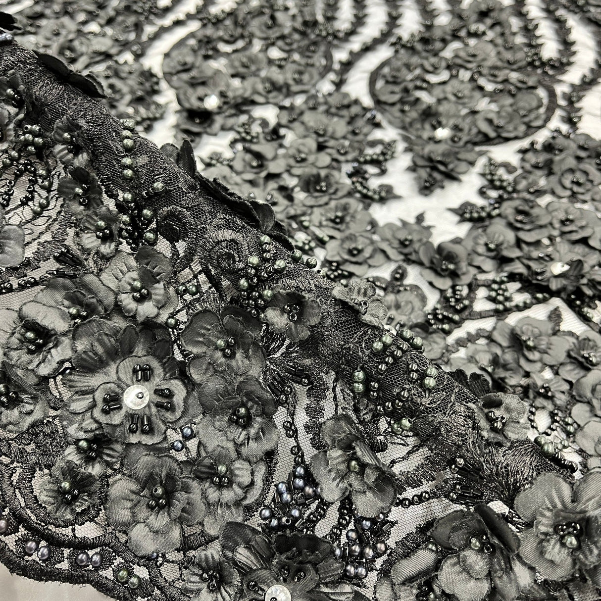 1 Yard Beaded 3D Floral Lace Fabric Embroidered 100 Percent Polyester Net Mesh 48 inch Width