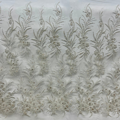 Beaded Lace Fabric Embroidered On 100 Percent Polyester Net Mesh - Lt. Blue, Ice Blue, Champagne, Nude, 50" Width (1 Yard)