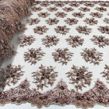 1 Yard Whimsical Pink Beaded 3D Floral Lace Fabric on Net Mesh 50 inch Width