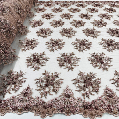 Beaded 3D Floral Lace Fabric - 3D Floral Beaded Embroidery, 50" Wide (1 Yard)