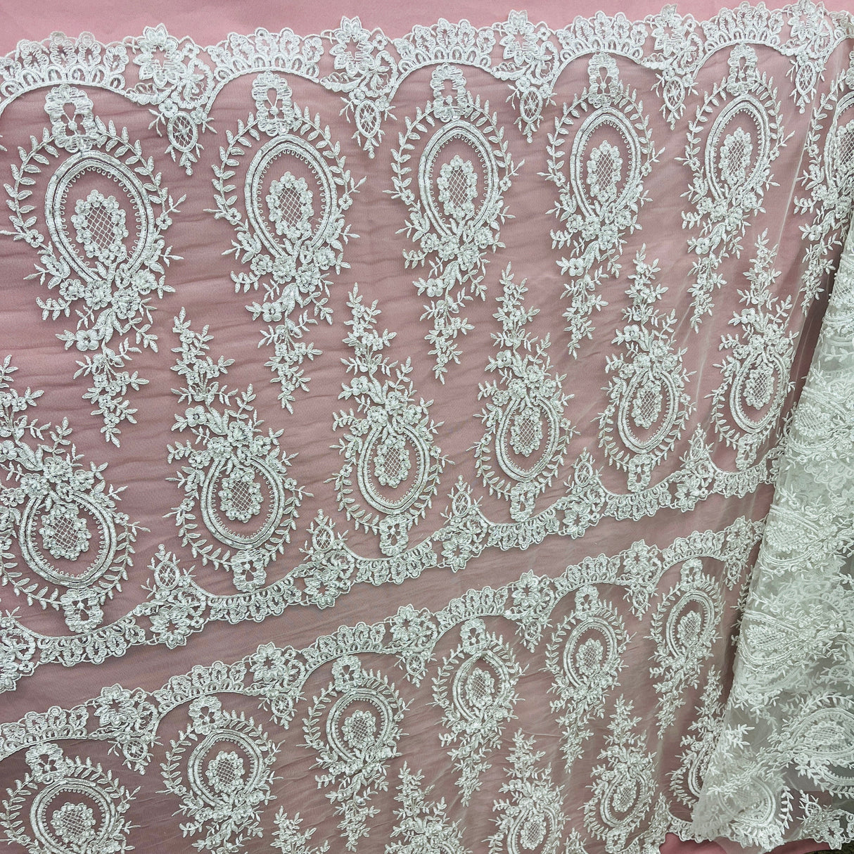 Beaded Corded Lace Mesh White