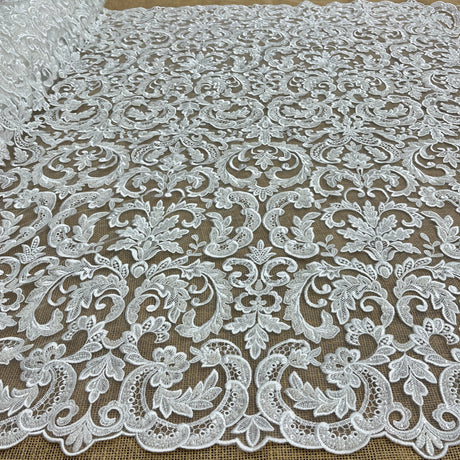 Beaded Lace Fabric Embroidered On 100 Percent Polyester Net Mesh - Ivory Floral Sequin, 51" Wide (1 Yard)