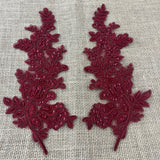 Beaded Corded Floral Lace Applique 100 Percent Polyester Fabric - Embroidered Net Mesh, 12" X 3.5" Each Side (1 Pair)