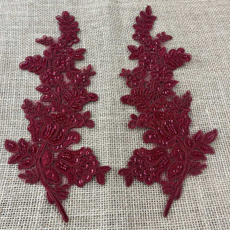 Beaded Corded Floral Lace Applique 100 Percent Polyester Fabric - Embroidered Net Mesh, 12" X 3.5" Each Side (1 Pair)