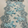 VT-33 Sequin 3D Lace Fabric With Embroideries On Mesh With Pearls - Baby Blue, 33-Cm Width