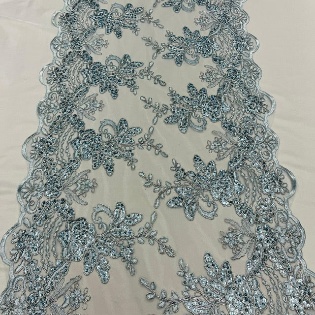 Baby Blue Sequin Lace Fabric With Embroideries On Mesh VT-18 Lace Fabric - Baby Blue, Embroidered Sequin Lace, Mesh (3 Yard)