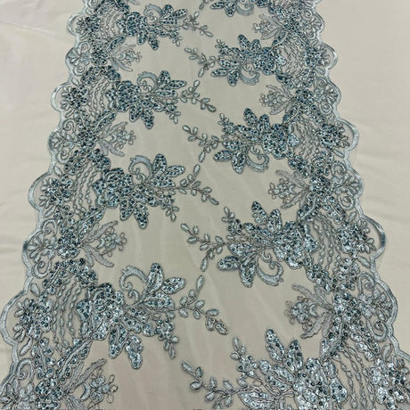 Baby Blue Sequin Lace Fabric With Embroideries On Mesh VT-18 Lace Fabric - Baby Blue, Embroidered Sequin Lace, Mesh (3 Yard)
