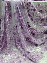 3D Floral Embroidered Mesh Lace Fabric Lavender