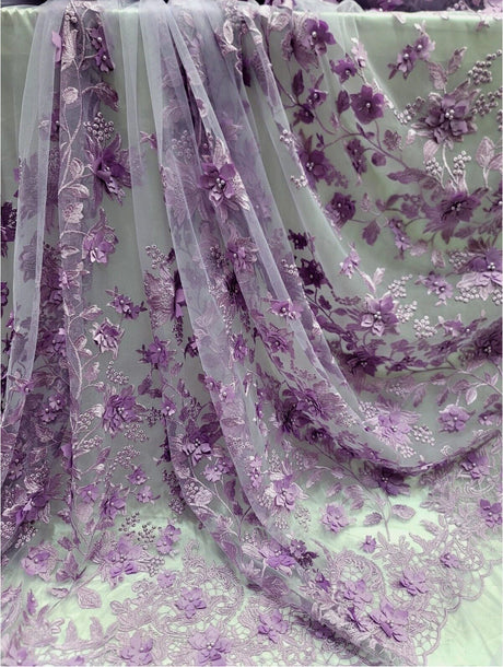 3D Floral Embroidered Mesh Lace Fabric Lavender