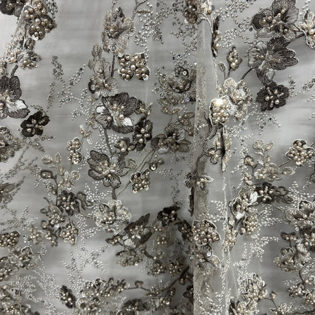 Beaded 3D Floral Multitone Lace Fabric - Sage, 56" Width (1 Yard)
