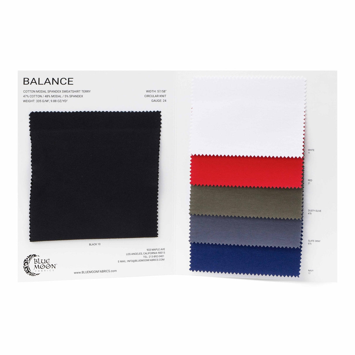 Balance Cotton Modal Terry Spandex Color Card - Swatches, 6 Colors (1 Card)