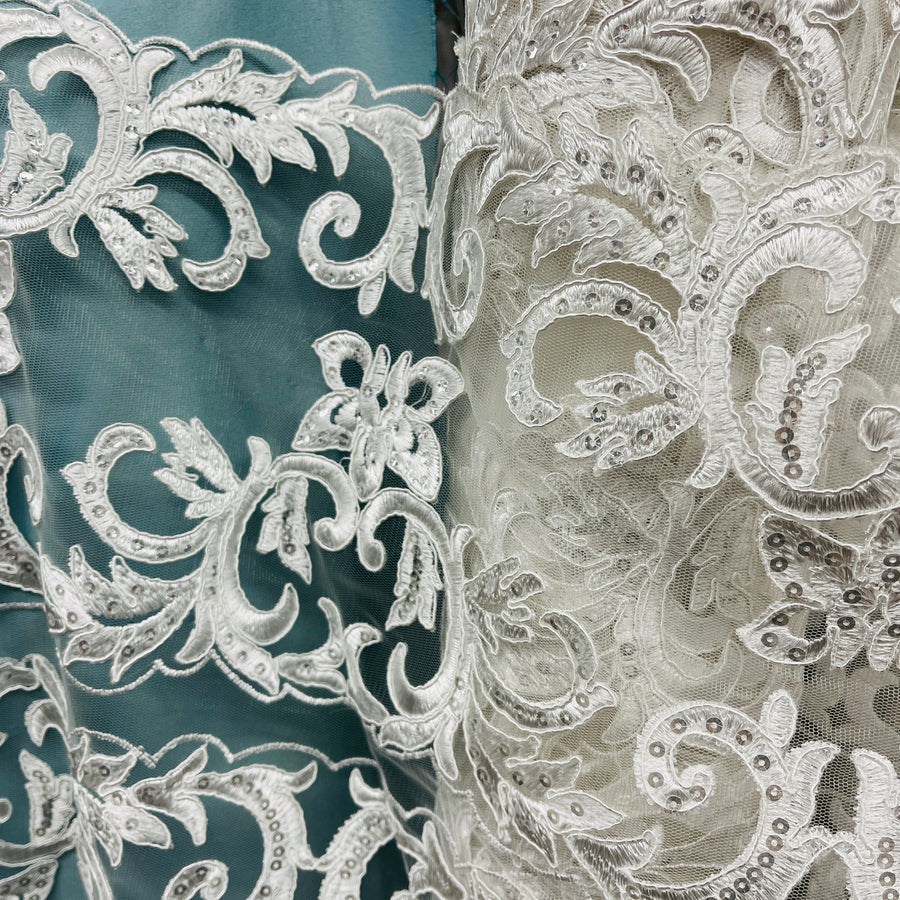 1 Yard Ivory Beaded and Corded Lace Fabric Embroidered on Polyester Net Mesh 51 Inch Width