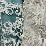 1 Yard Ivory Beaded and Corded Lace Fabric Embroidered on Polyester Net Mesh 51 Inch Width