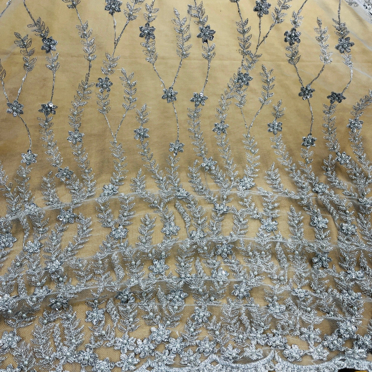Beaded Lace Fabric Embroidered On 100 Percent Polyester Net Mesh - Silver, Black, Gold, Floral Sequin Embroidery, 50" Width (1 Yard)