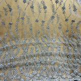 Beaded Lace Fabric Embroidered On 100 Percent Polyester Net Mesh - Silver, Black, Gold, Floral Sequin Embroidery, 50" Width (1 Yard)