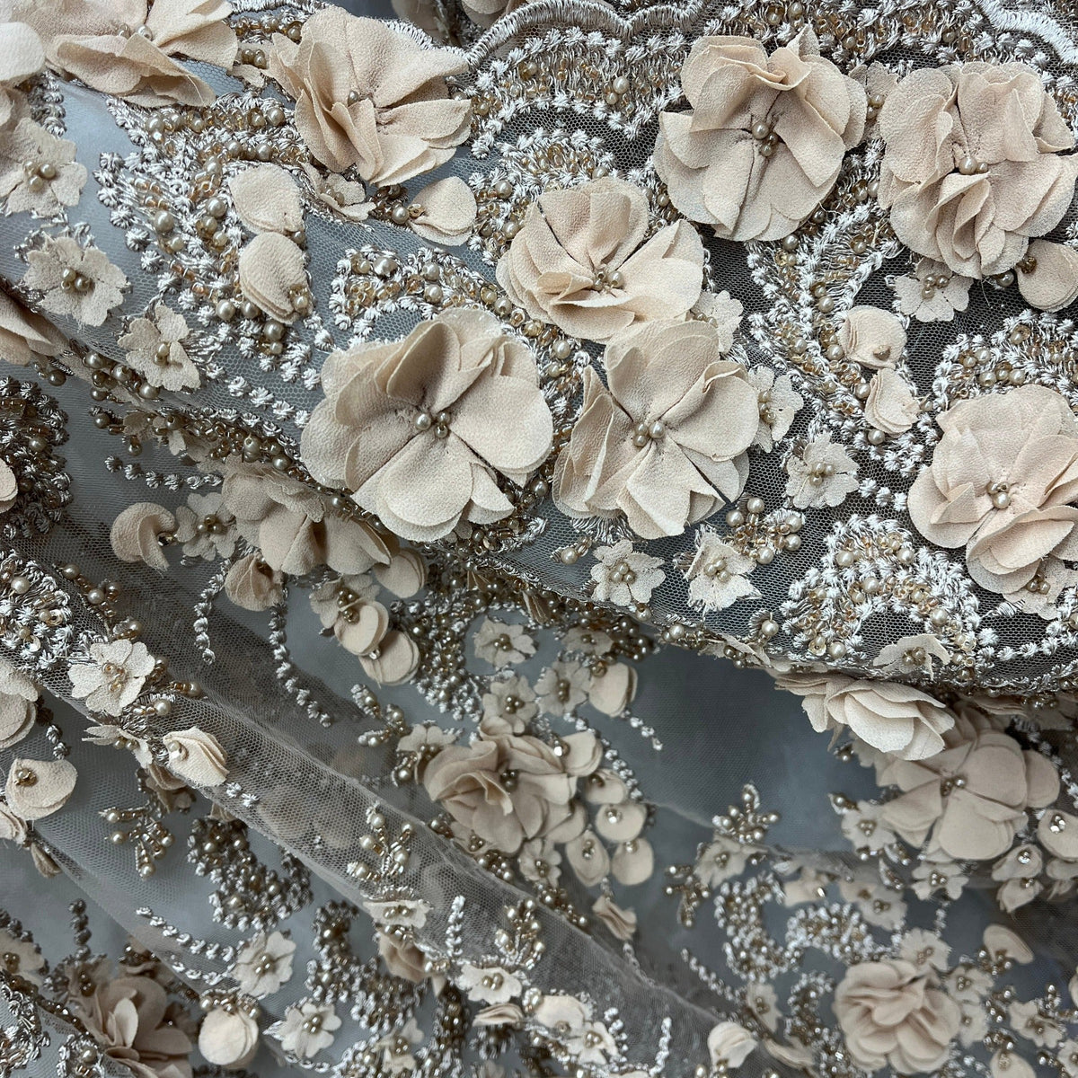 1 Yard Beaded 3D Floral Lace Fabric Embroidered on 100% Polyester Net Mesh 48" Wide
