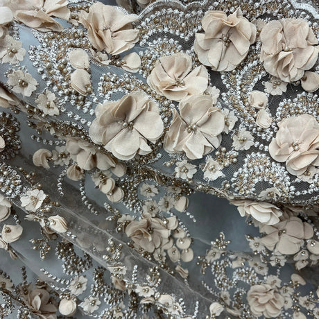 Beaded 3D Floral Lace Polyester Fabric - Peach, 48" Wide (1 Yard)